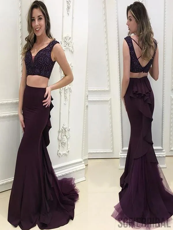 2 Pieces Beaded Dark Purple Long Mermaid Prom Dresses, Cheap Prom Dresses , PD0781