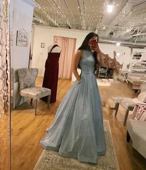 A Line 2025 Glitter Metallic Blue Prom Dresses with Pockets
