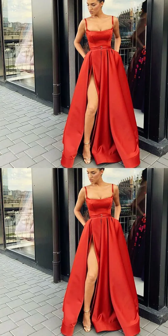 A-Line Custom Elegant Spaghetti Straps  Sweep Train Split Front Red Prom Dresses with Belt, PD0940
