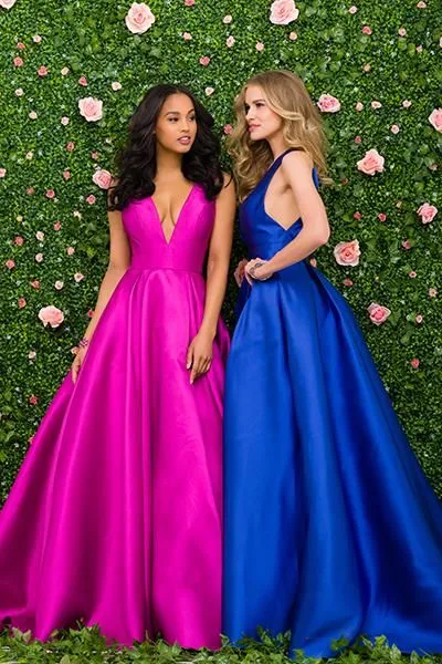 A-Line Long Modest Deep V-Neck Colorful Open Back Formal Elegant Prom Dresses, TYP1196