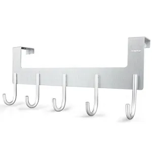 ACMETOP Over The Door Hook Hanger, Heavy-Duty Organizer for Coat, Towel, Bag, Robe - 5 Hooks, Aluminum, Brush Finish (Silver)