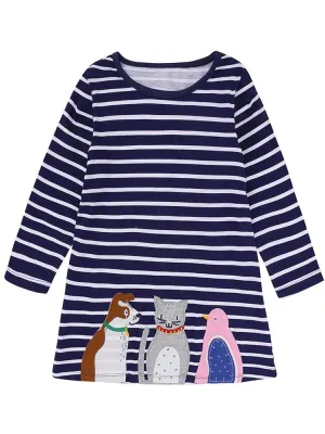 Animal Friends - Navy & White Striped Girls Dress with Cat, Dog and Bird Applique Details