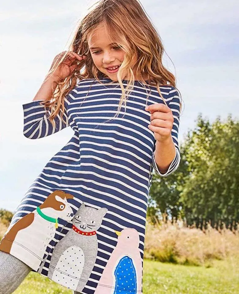 Animal Friends - Navy & White Striped Girls Dress with Cat, Dog and Bird Applique Details