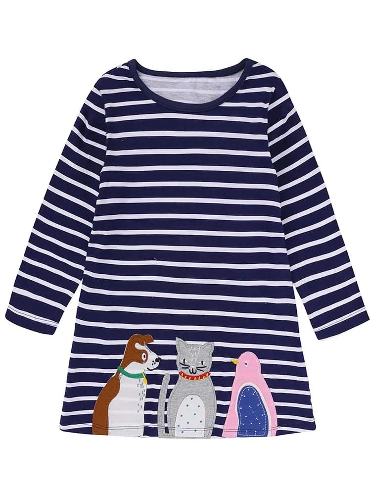 Animal Friends - Navy & White Striped Girls Dress with Cat, Dog and Bird Applique Details