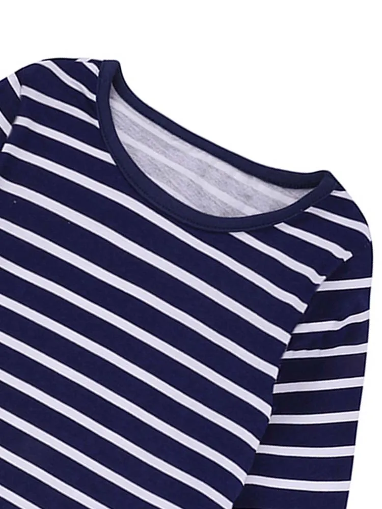 Animal Friends - Navy & White Striped Girls Dress with Cat, Dog and Bird Applique Details