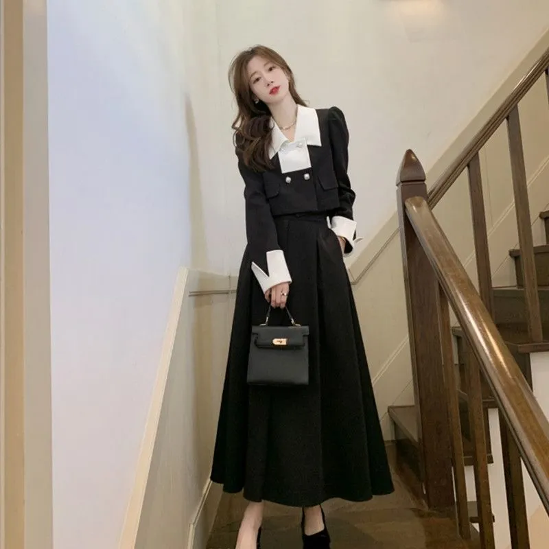 Autumn Elegant 2 Piece Dress Set Women Slim Vintage Party Office Lady Korean Suit Long Sleeve Crop Tops   Casual Midi Skirt