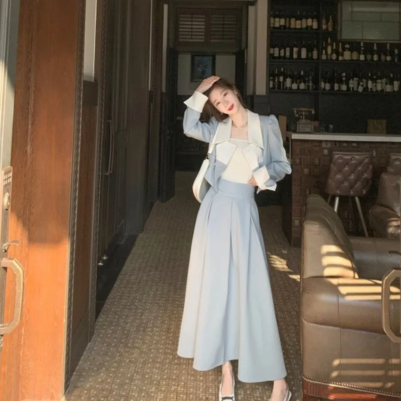 Autumn Elegant 2 Piece Dress Set Women Slim Vintage Party Office Lady Korean Suit Long Sleeve Crop Tops   Casual Midi Skirt