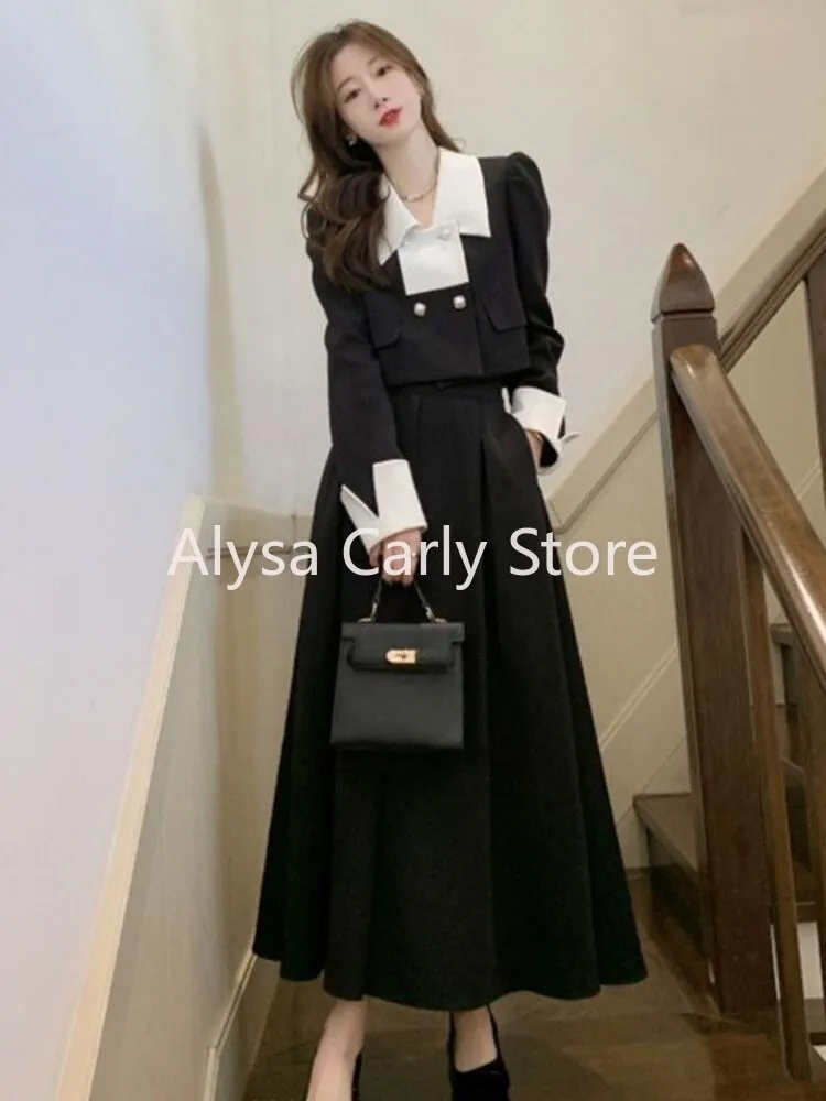 Autumn Elegant 2 Piece Dress Set Women Slim Vintage Party Office Lady Korean Suit Long Sleeve Crop Tops   Casual Midi Skirt
