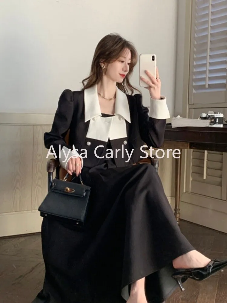 Autumn Elegant 2 Piece Dress Set Women Slim Vintage Party Office Lady Korean Suit Long Sleeve Crop Tops   Casual Midi Skirt