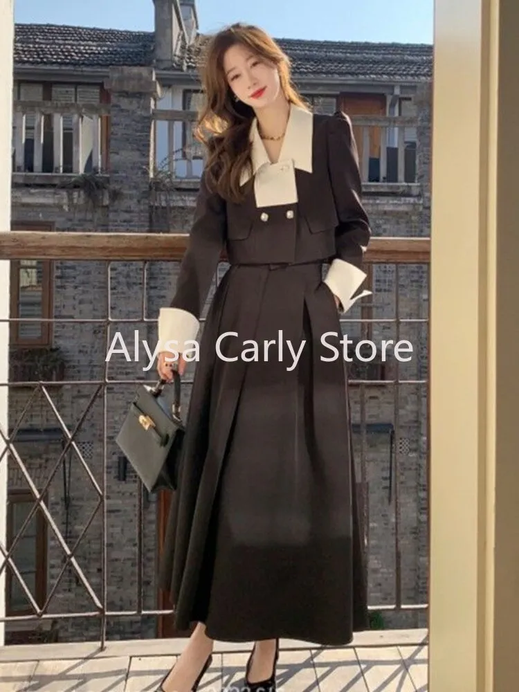 Autumn Elegant 2 Piece Dress Set Women Slim Vintage Party Office Lady Korean Suit Long Sleeve Crop Tops   Casual Midi Skirt