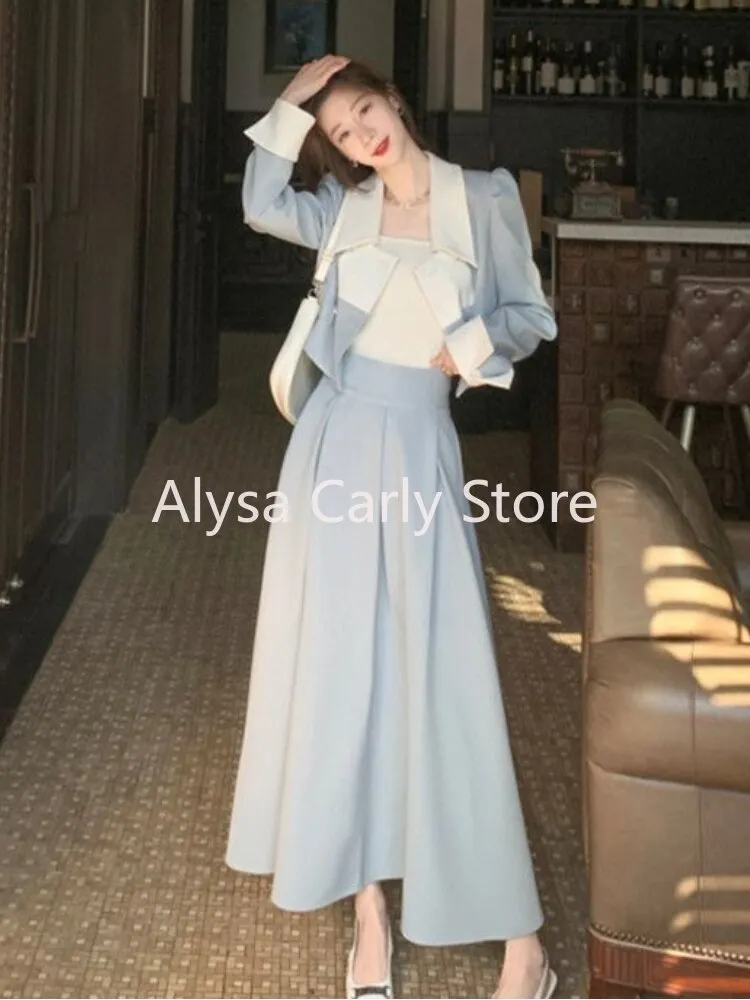 Autumn Elegant 2 Piece Dress Set Women Slim Vintage Party Office Lady Korean Suit Long Sleeve Crop Tops   Casual Midi Skirt