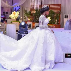 Ball Gown Lace High Neck Long Sleeves Chapel Train Wedding Dresses