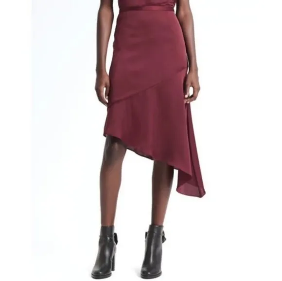 Banana Republic Olivia Palermo Maroon Red Satin Asymmetrical Skirt Size 10