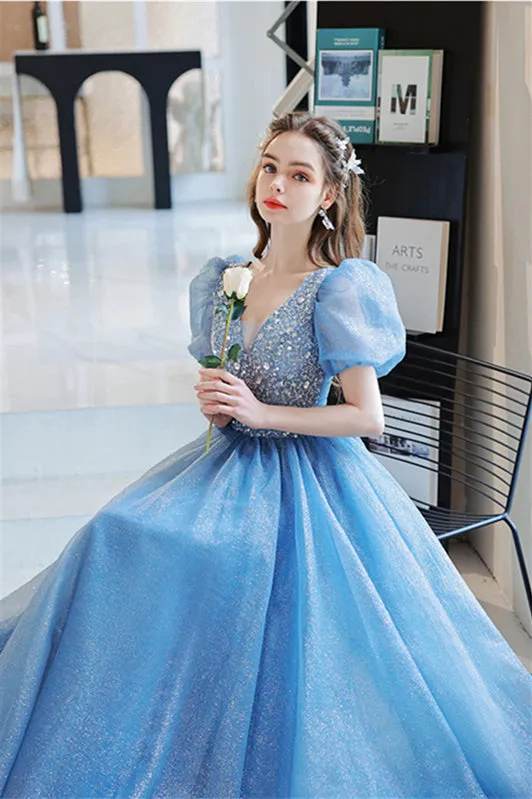Beaded Blue A-line Short Sleeves Long Formal Dress