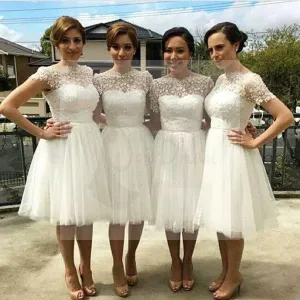Beautiful Cap Sleeve White Tulle Short Sleeve Knee Length Wedding Party Dresses, Cheap Homecoming Graduation Occasion Dresses, WG140