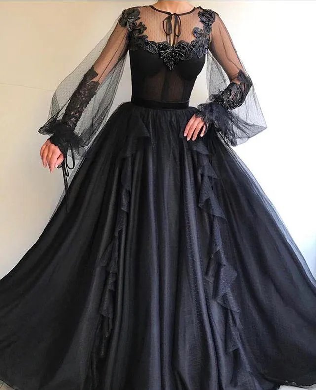 Black Long A-line Prom Dress, Long sleeves Modest Prom Gown ,PD0879