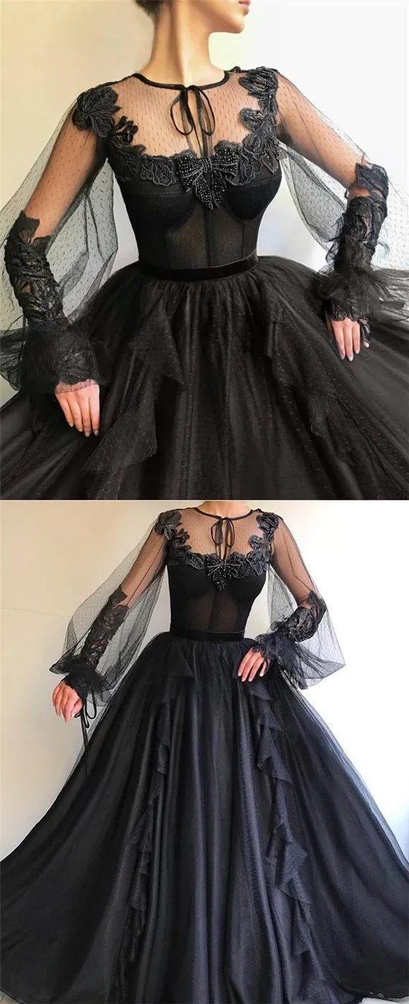 Black Long A-line Prom Dress, Long sleeves Modest Prom Gown ,PD0879