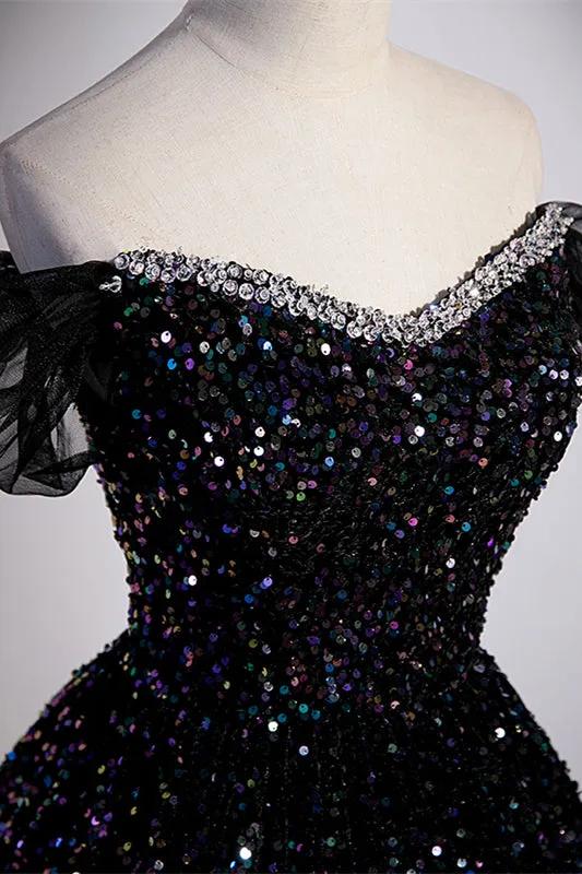 Black Sequin Off the Shoulder Long Formal Gown