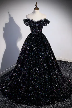 Black Sequin Off the Shoulder Long Formal Gown