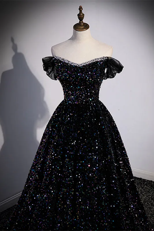 Black Sequin Off the Shoulder Long Formal Gown