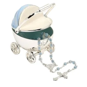 Blue Baby Carriage Keepsake Box and Rosary