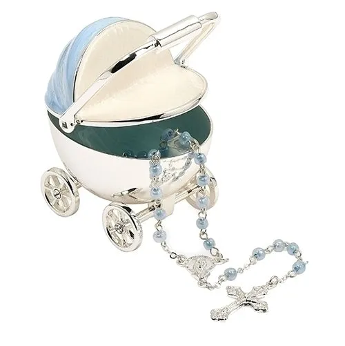 Blue Baby Carriage Keepsake Box and Rosary