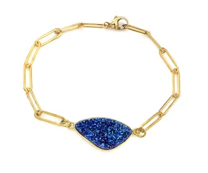Blue Druzy Long Link Gold Bracelet