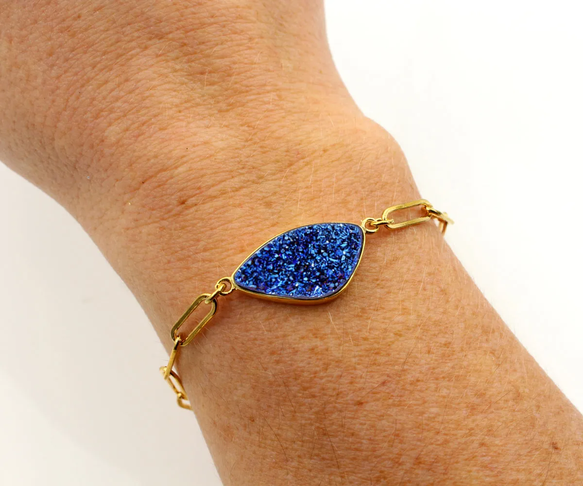 Blue Druzy Long Link Gold Bracelet
