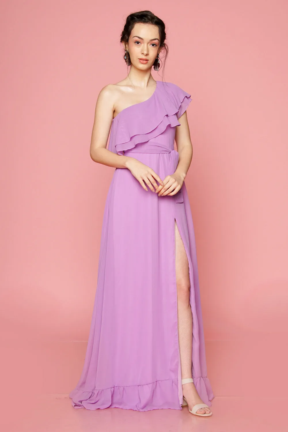 BONITA One Sided Ruffle Maxi Dress with Slit (Lavender)