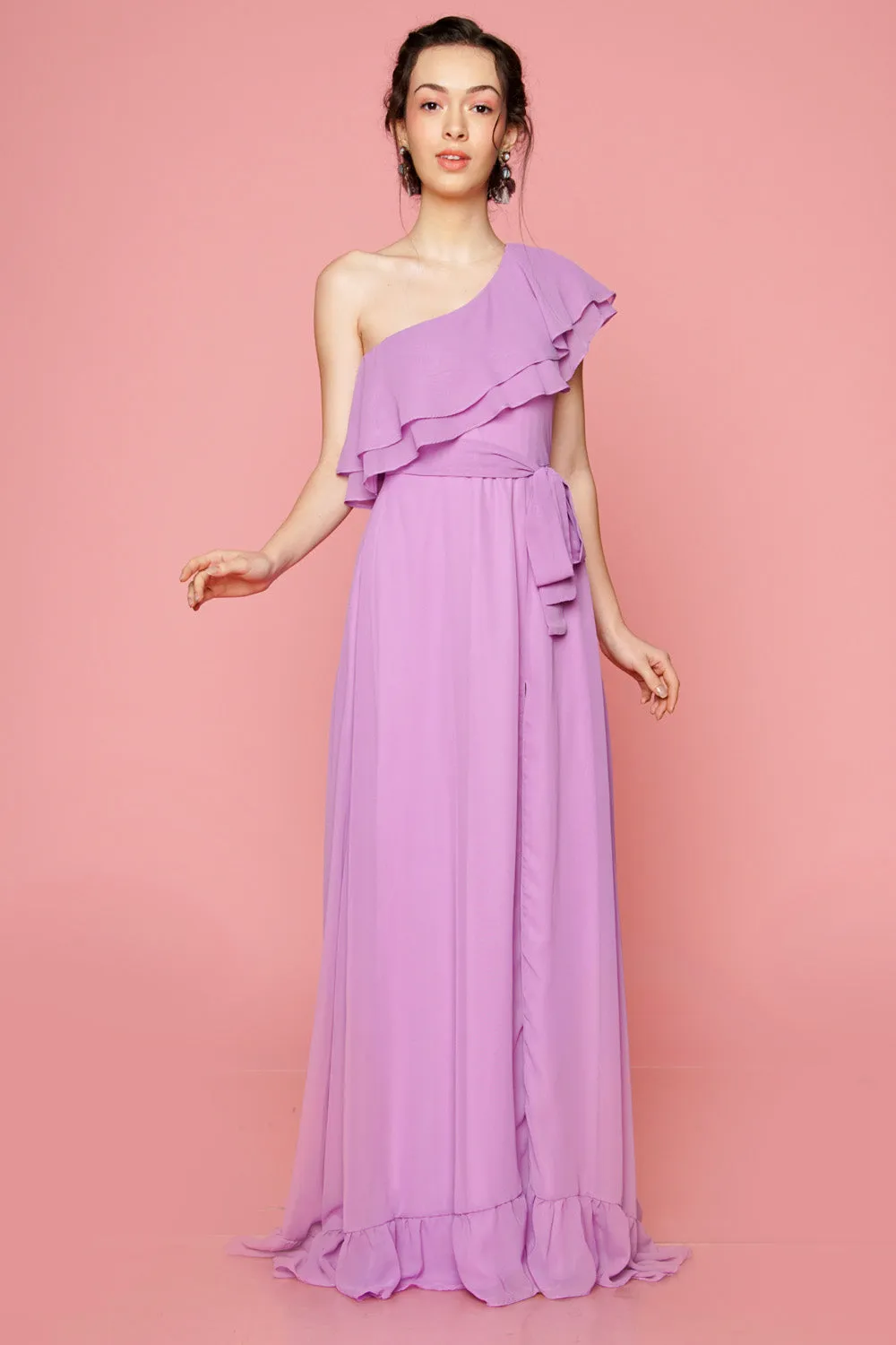BONITA One Sided Ruffle Maxi Dress with Slit (Lavender)