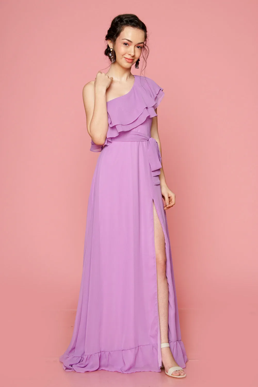 BONITA One Sided Ruffle Maxi Dress with Slit (Lavender)