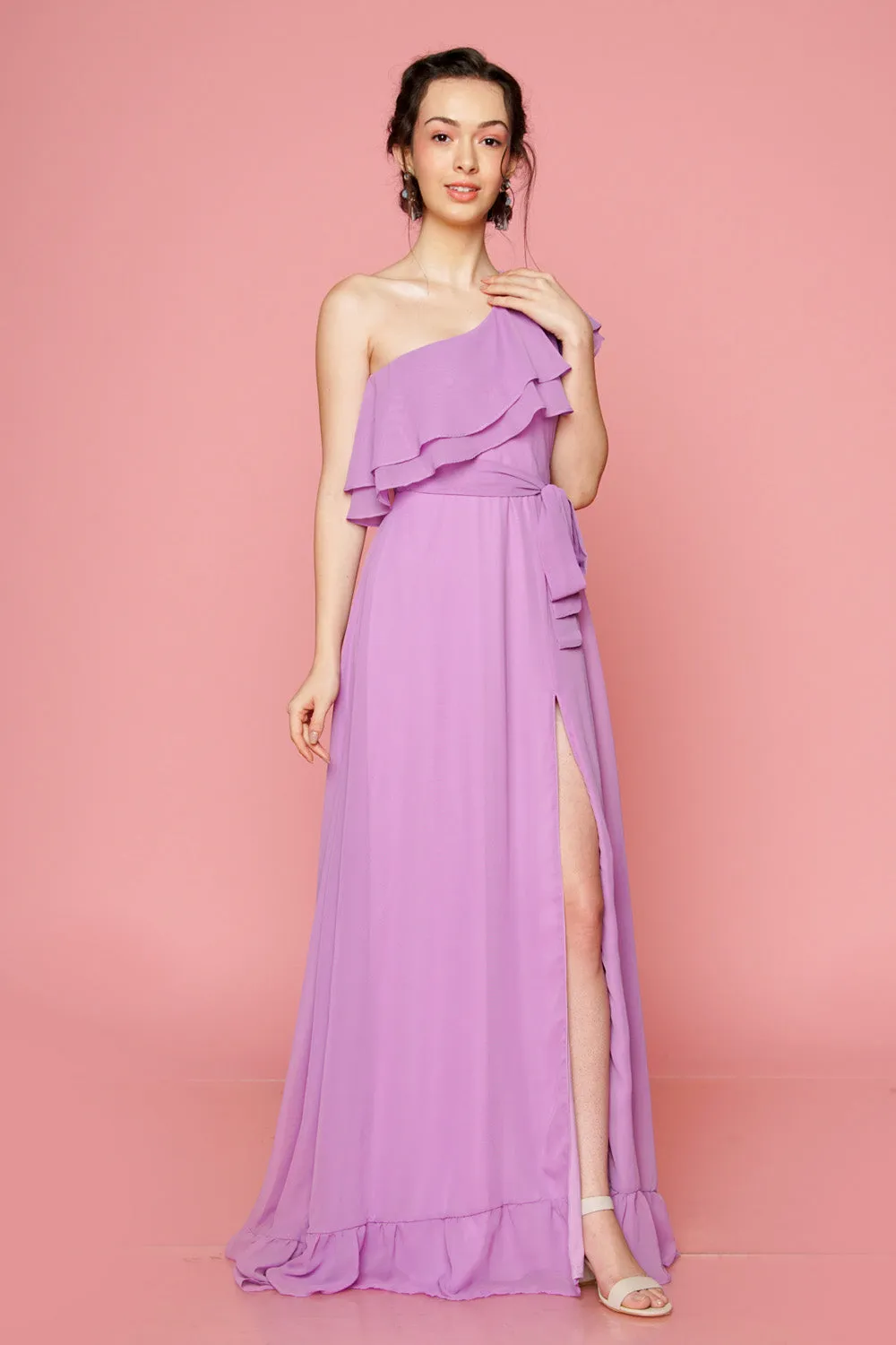BONITA One Sided Ruffle Maxi Dress with Slit (Lavender)