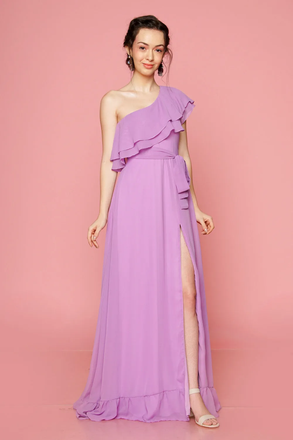 BONITA One Sided Ruffle Maxi Dress with Slit (Lavender)