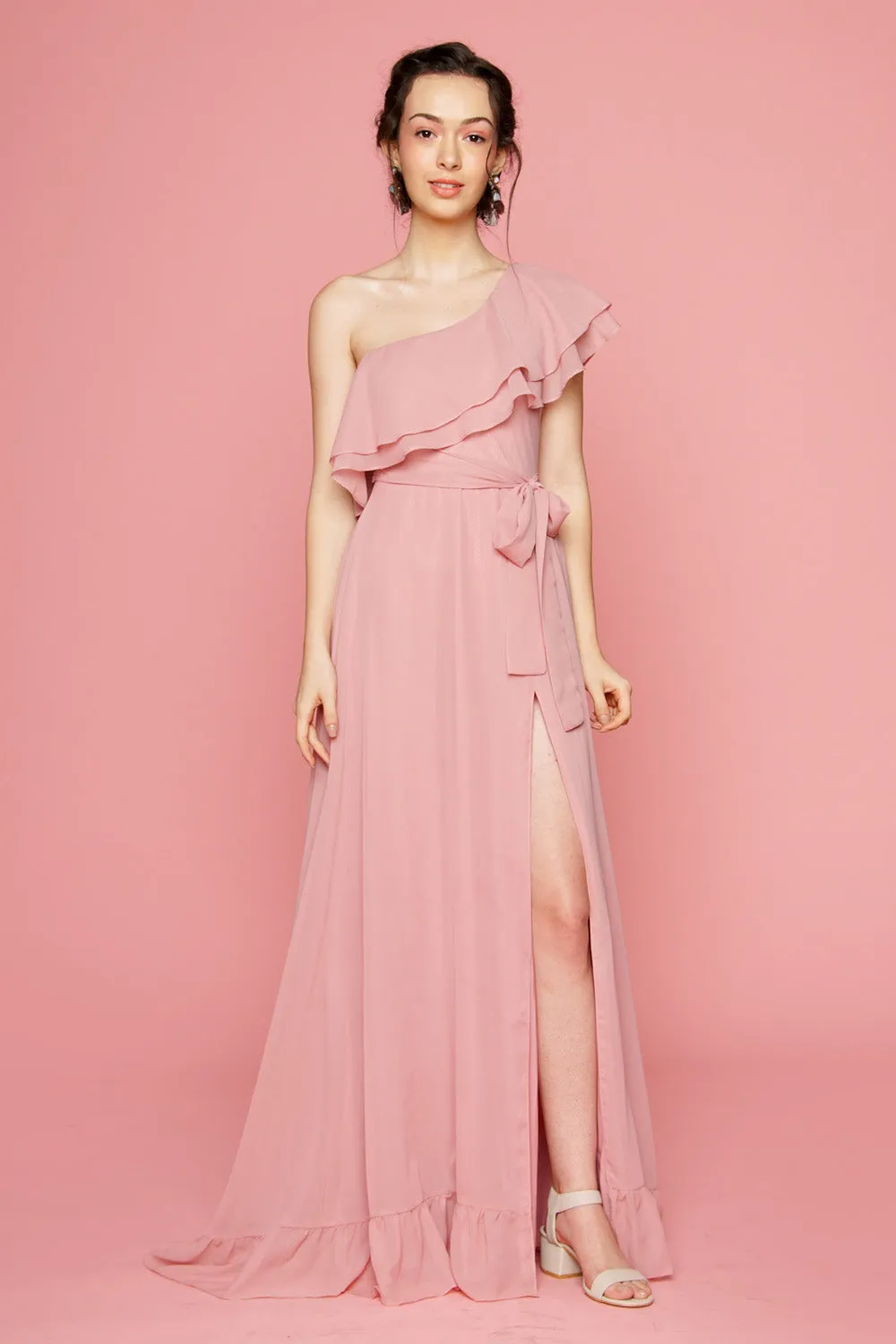 BONITA One Sided Ruffle Maxi Dress with Slit (Old Rose)