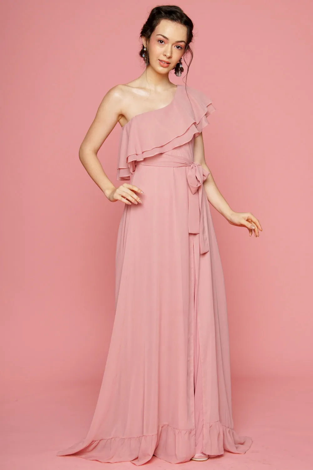 BONITA One Sided Ruffle Maxi Dress with Slit (Old Rose)