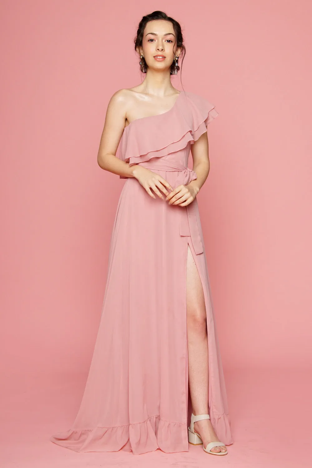 BONITA One Sided Ruffle Maxi Dress with Slit (Old Rose)