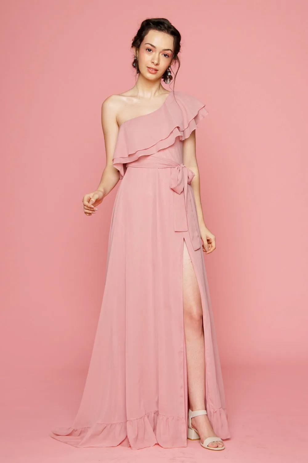 BONITA One Sided Ruffle Maxi Dress with Slit (Old Rose)