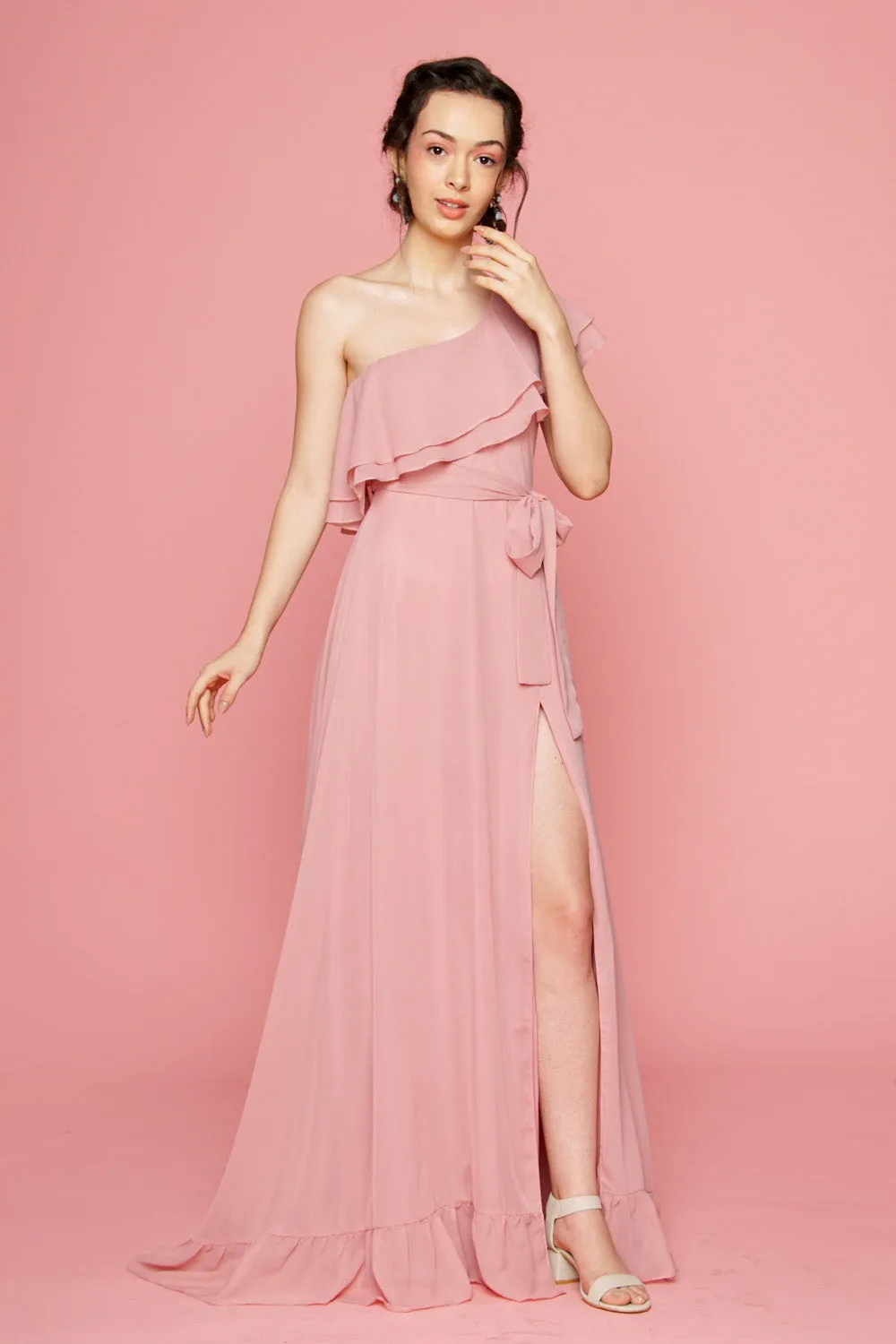 BONITA One Sided Ruffle Maxi Dress with Slit (Old Rose)