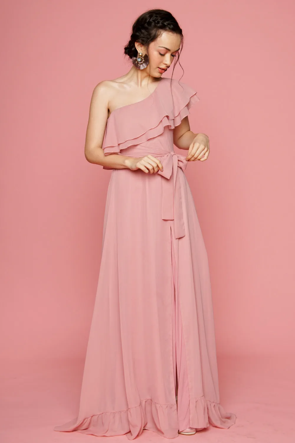 BONITA One Sided Ruffle Maxi Dress with Slit (Old Rose)