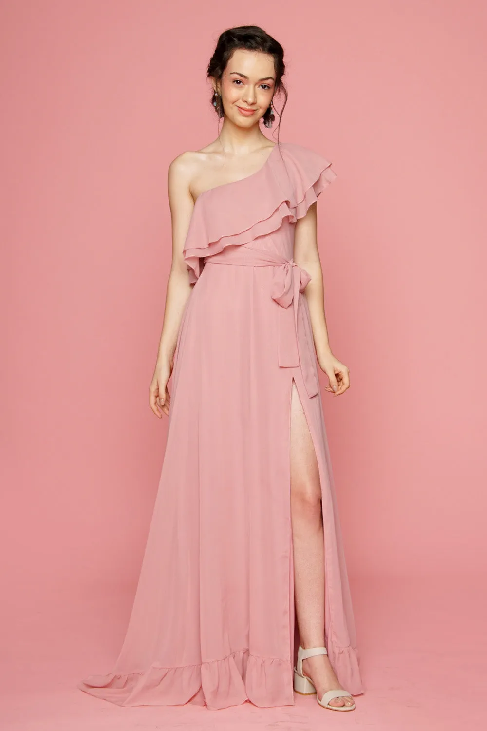 BONITA One Sided Ruffle Maxi Dress with Slit (Old Rose)