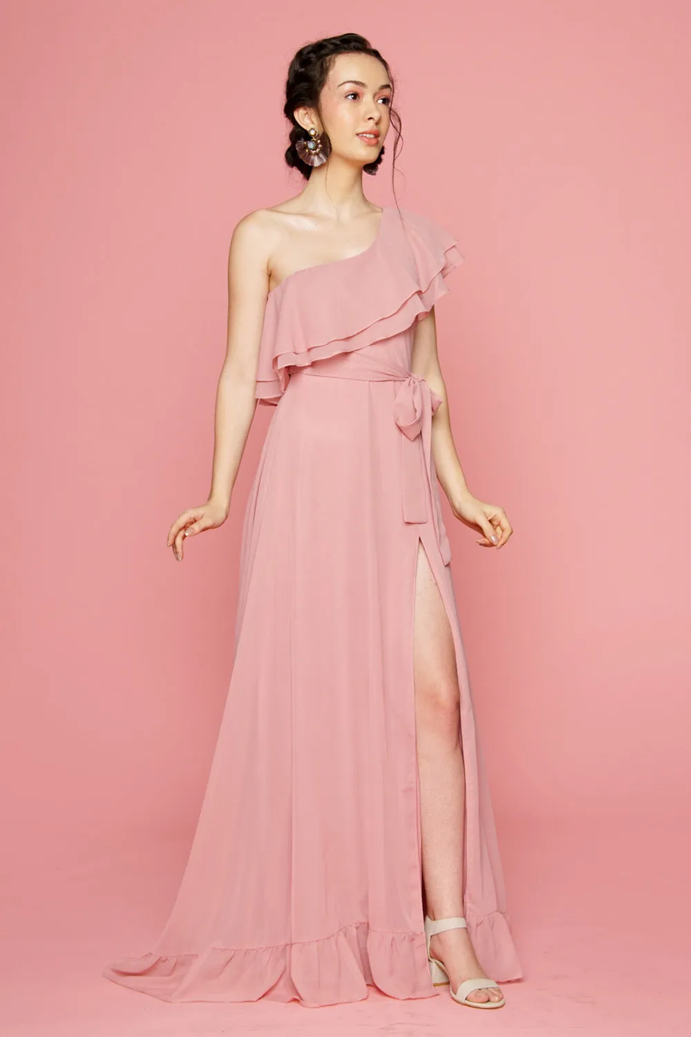 BONITA One Sided Ruffle Maxi Dress with Slit (Old Rose)