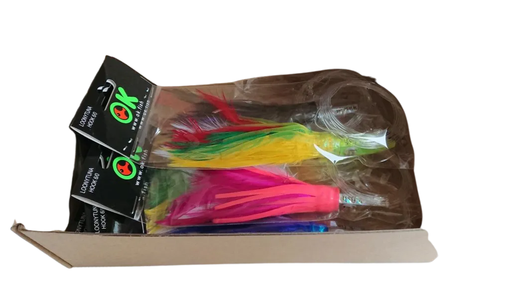 Box of six tuna feather trolling lures