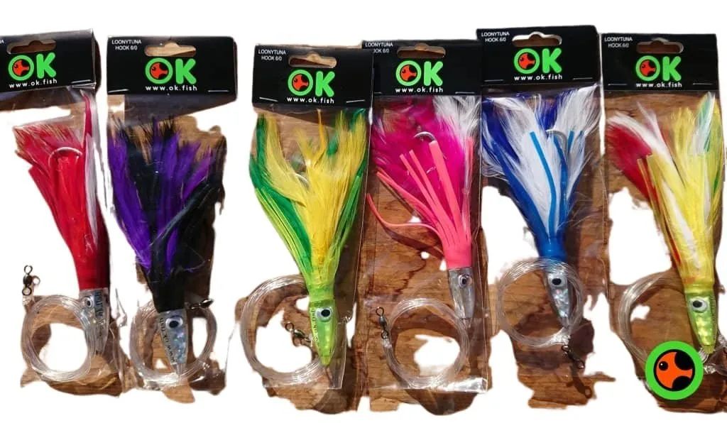 Box of six tuna feather trolling lures