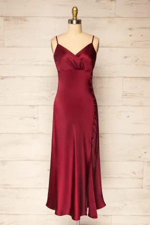 Burgundy Straps V Neck Slip Midi Party Dress
