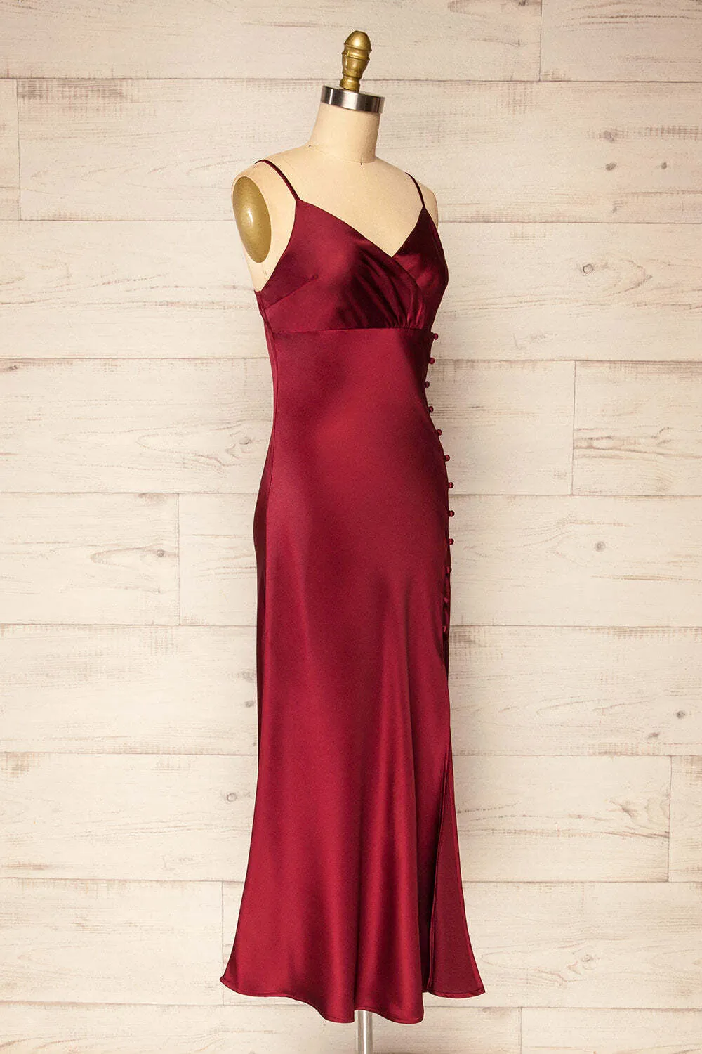 Burgundy Straps V Neck Slip Midi Party Dress