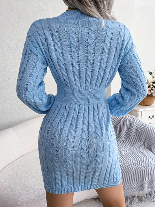 Cable Knit Mini Dress with V-Neck and Fitted Waist