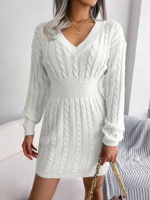 Cable Knit Mini Dress with V-Neck and Fitted Waist