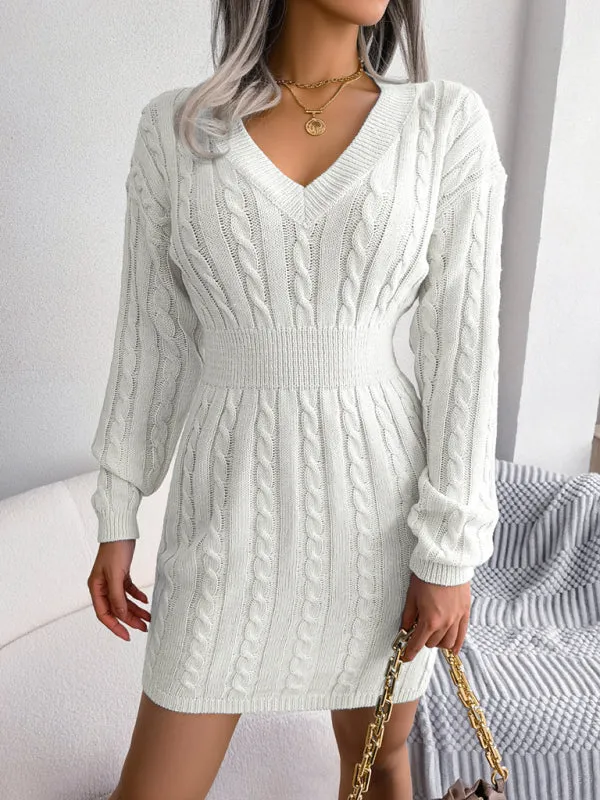 Cable Knit Mini Dress with V-Neck and Fitted Waist