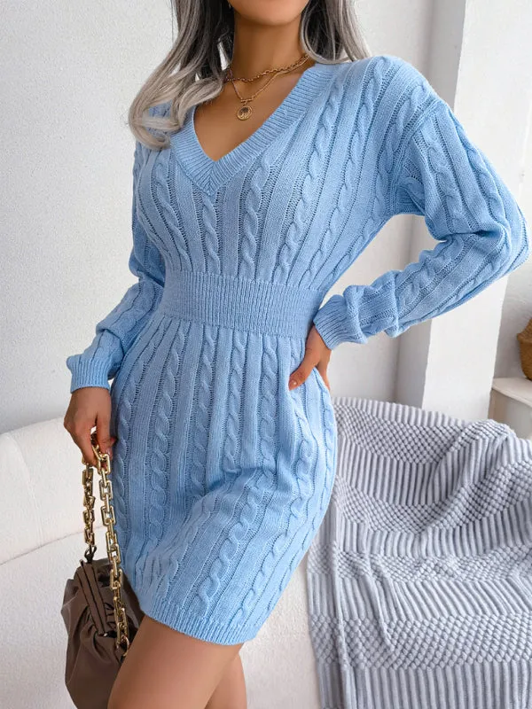 Cable Knit Mini Dress with V-Neck and Fitted Waist