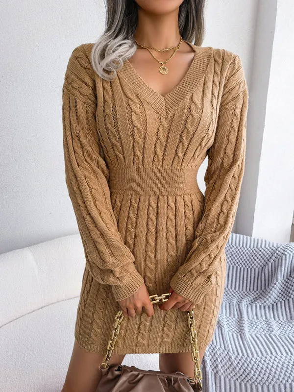Cable Knit Mini Dress with V-Neck and Fitted Waist
